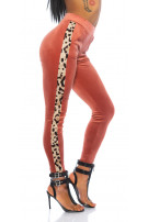 Trendy fleecy broek met luipaard contrast streep abrikoos-kleurig